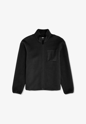 Zwarte fleecetrui met een hoge kraag en voorrits. Beschikt over een gestructureerde stof, een zwarte borstzak en een logodetail op de zak.