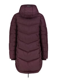 Bordeaux pufferjack met een chevron-quiltpatroon, een vaste capuchon en elastische manchetten. Beschikt over een lange silhouet en een trekkoordonderkant.