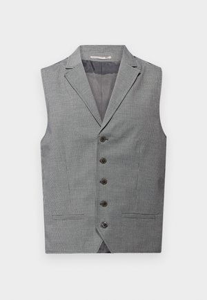 Szürke mellény, sötét mintás houndstooth mintával, nyakkivágással, hat gombbal és két zsebbel. Sima bélés, ujjatlan kivitel.