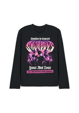 Black long-sleeve shirt with purple and pink graphic of four hats and hands, text "Unalive in Concert," "Your Idol Tour," and band names.