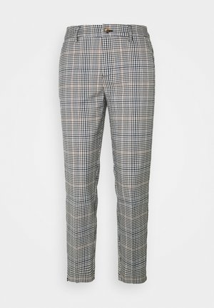 Schmal geschnittene Hose mit kleinem schwarz-weiß kariertem Muster und dezenten hellbraunen Linien, mit Knopf und Gürtelschlaufen.