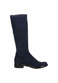 Botas de ante azul marino hasta la rodilla con una silueta elegante, punta redondeada y un acento en el tacón negro brillante, que presentan una textura suave y un diseño minimalista.