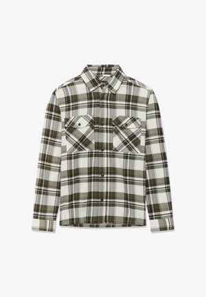 Ilgomis rankovėmis mygtukais užsegama marškinėliai su žaliai, rudos ir pilkos spalvos plaid raštu, turintys du krūtinės kišenes su mygtukais.