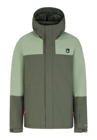 Grüne Kapuzenjacke mit einem zweifarbigen Design aus hellen und dunklen Grüntönen, einem Reißverschluss und Taschen auf der Vorderseite. Glatte Textur.