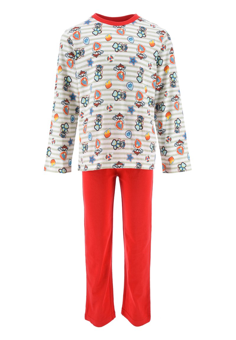 Conjunto de pijama de algodón que incluye una camiseta de manga larga con un patrón de varios colores y detalles en rojo, acompañada de pantalones rojos lisos.