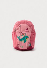 Zaino rosa per bambini con design di narvalo e pesci, dotato di un scomparto con cerniera e tasche laterali in rete. Realizzato in tessuto resistente.
