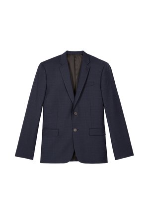 Marineblauer Blazer aus strukturiertem Stoff, mit Reverskragen, zwei Fronttaschen, zwei Knöpfen und einem satinartigen Innenfutter.