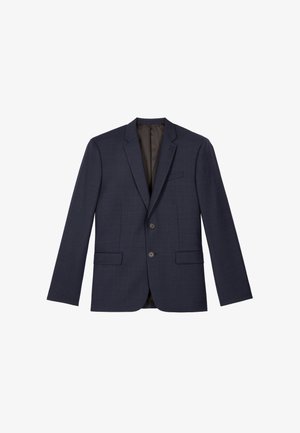 Marineblauer Blazer aus strukturiertem Stoff, mit Reverskragen, zwei Fronttaschen, zwei Knöpfen und einem satinartigen Innenfutter.