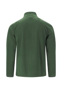 Mørkegrøn fleecejakke med lange ærmer og opretstående krave, vist bagfra på en hvid baggrund.