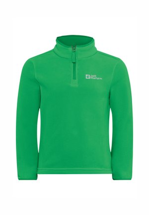 Pullover in pile verde con colletto a mezza zip, maniche lunghe e un piccolo logo sul lato sinistro del petto. Texture morbida, design semplice.