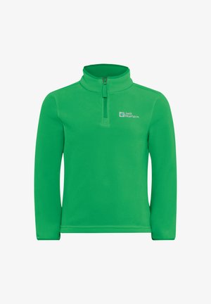 Groene fleecetop met een halve rits kraag, lange mouwen en een klein logo op de linkerkant van de borst. Zachte textuur, eenvoudige ontwerp.