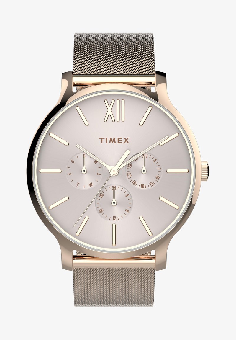 Zegarek Timex z okrągłą kopertą w różowym złocie, jasnoróżowym cyferblatem, rzymską cyfrą XII, trzema sub-tarczami i stalową siateczkową bransoletą.