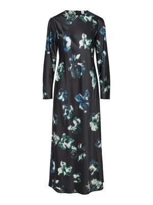 Vestido de manga larga en tela negra con un estampado floral en azules y verdes. Escote redondo con una silueta simple y elegante.