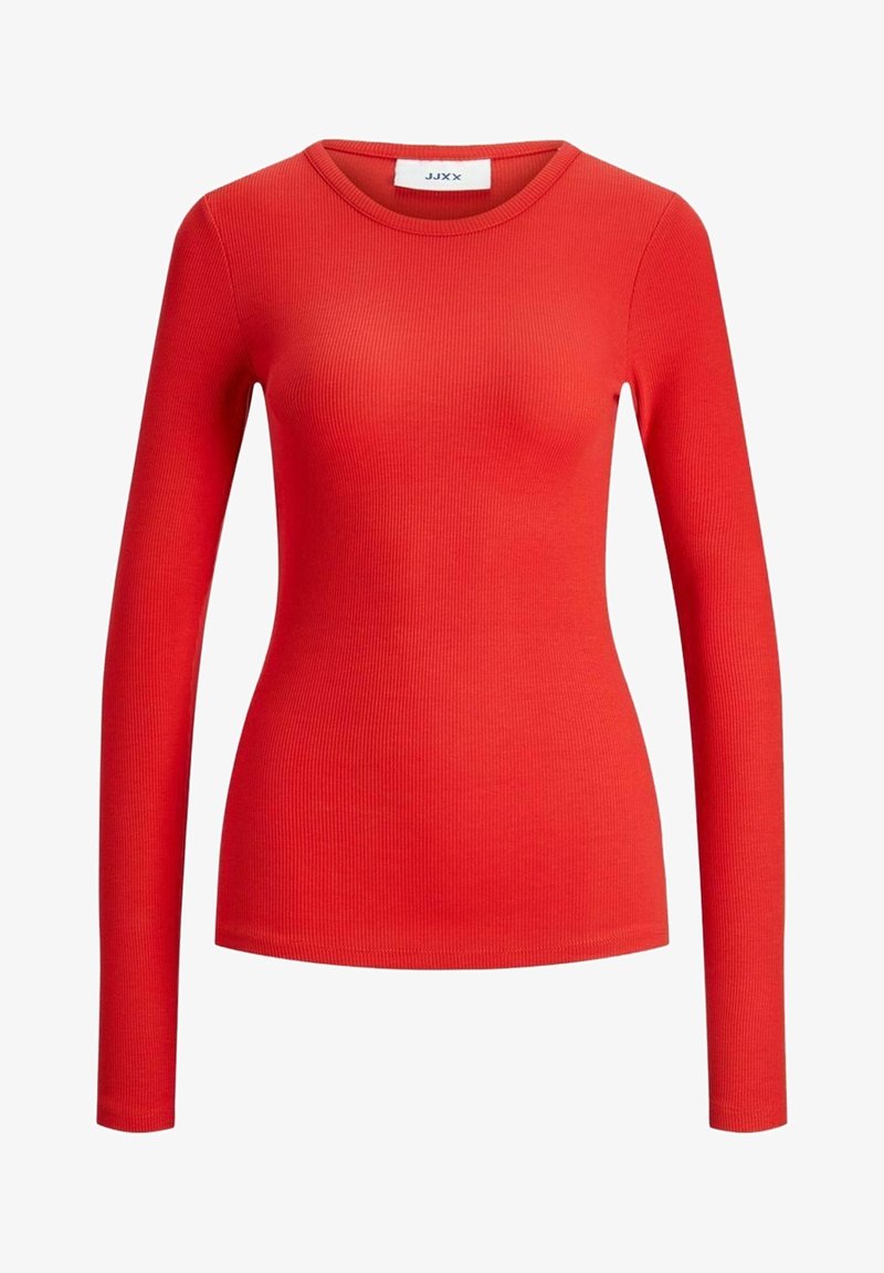 Czerwony obcisły top z długim rękawem wykonany z prążkowanej tkaniny; posiada okrągły dekolt i gładką fakturę, bez wzorów i ozdób.