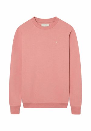 Sudadera rosa con cuello redondo, mangas largas y un pequeño logo blanco bordado en la parte superior izquierda del pecho.
