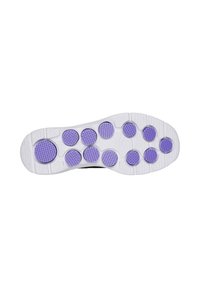 Suela de zapato con una base blanca y múltiples agarraderas de goma morada en forma circular, texturizadas para mayor tracción; diseño curvado con patrones definidos.