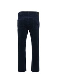 Donker marineblauwe corduroy broek, gezien vanaf de achterkant, met twee achterzakken en riemlussen op de tailleband.