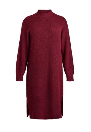 Bordeauxrode, gebreide jurk met lange mouwen, geribbelde manchetten, hoge halslijn en zijsplitten, weergegeven op een witte achtergrond.