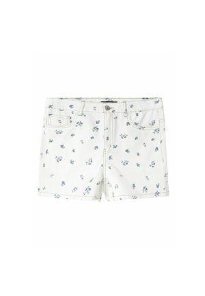 Shorts in denim bianco con piccolo motivo floreale blu, chiusura con bottone frontale, zip e molteplici tasche.