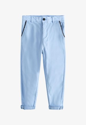 Light blue tapered pants with folded cuffs, button closure, belt loops, and angled side pockets with black trim.