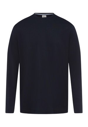 Camicia a maniche lunghe di colore blu navy realizzata in tessuto morbido, con collo rotondo, taglio dritto e dettagli di cucitura minimi.