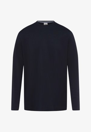 Camicia a maniche lunghe di colore blu navy realizzata in tessuto morbido, con collo rotondo, taglio dritto e dettagli di cucitura minimi.