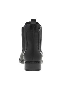 Botín negro de cuero liso con puntera redonda, paneles laterales elásticos y un tacón bajo apilado. Presenta un acento de logo en la parte posterior.