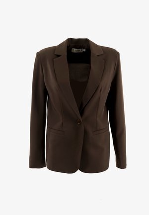 Blazer marrón hecho de una tela suave, con cierre de un solo botón, solapas con muesca y dos bolsillos frontales.