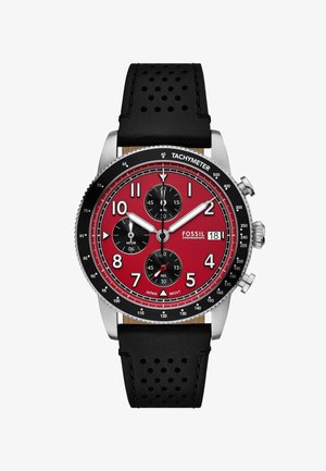 Men's chronograph watch with a red dial, black sub-dials, silver case, and black perforated rubber strap; features tachymeter bezel and date display.