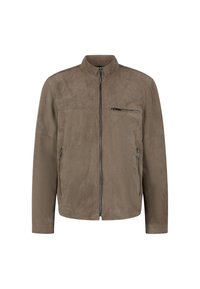 Grijze Suede jas met een staande kraag, ritssluiting aan de voorkant, borstzak met rits en twee zijzakken. Gladde textuur en een minimalistisch ontwerp.