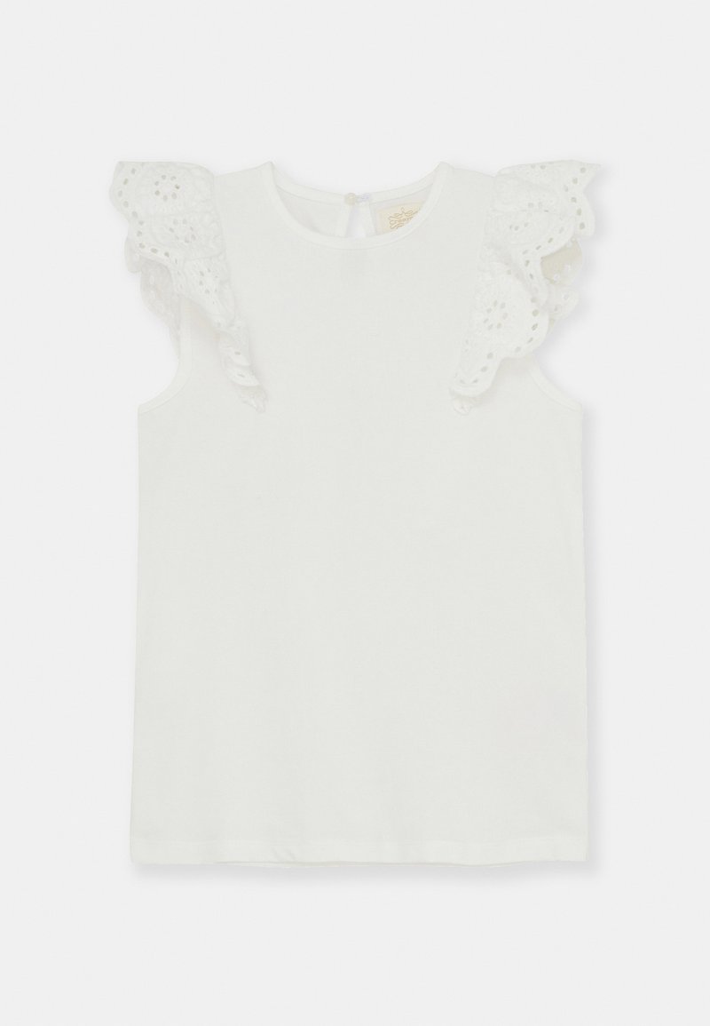 Witte mouwloze top met kant, rimpelige mouwen, ronde halslijn en knoopsluiting aan de achterkant. Zachte katoenstof met een gladde textuur.
