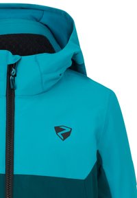 Türkiser Kapuzenjacke mit einem schwarzen Reißverschluss, strukturiertem Kragenfutter und einem dreieckigen Logo auf der Brust. Zweifarbiges Design.