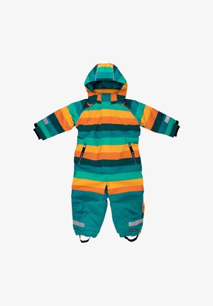 Raidallinen talvihaalari sävyissä teal, oranssi ja keltainen. Varustettu hupulla, vetoketjuilla taskuissa ja heijastavilla yksityiskohdilla. Materiaali on kestävää ja säänkestävää.