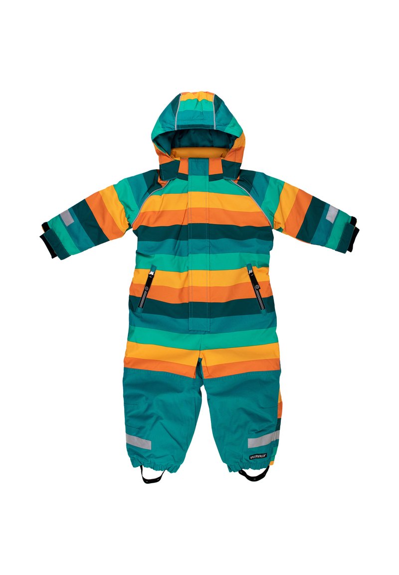 Gestreifter Schneeanzug in Türkis, Orange und Gelb. Verfügt über eine Kapuze, Reißverschlüsse an den Taschen und reflektierende Akzente. Das Material ist strapazierfähig und wetterfest.