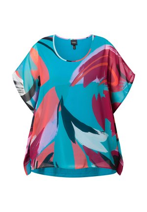 Luźna bluzka z szerokimi rękawami, ozdobiona abstrakcyjnymi kwiatowymi wzorami w kolorze turkusowym, czerwonym, fioletowym, czarnym i białym.