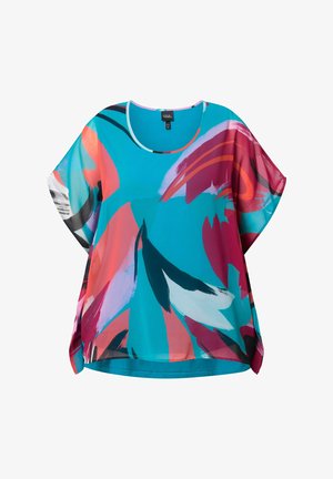 Loszittende blouse met wijde mouwen, met abstracte bloemmotieven in turquoise, rood, paars, zwart en wit.