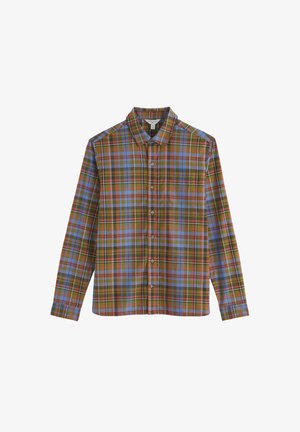 Overhemd met lange mouwen en knopen, met een meerkleurig ruitpatroon in groen, blauw, rood en bruin, voorzien van een standaardkraag en een borstzak.
