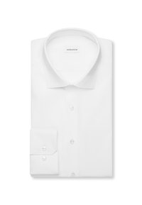 Chemise blanche à manches longues proprement pliée avec poignets et col boutonnés, étiquette de marque "seidensticker" à l'intérieur du col.
