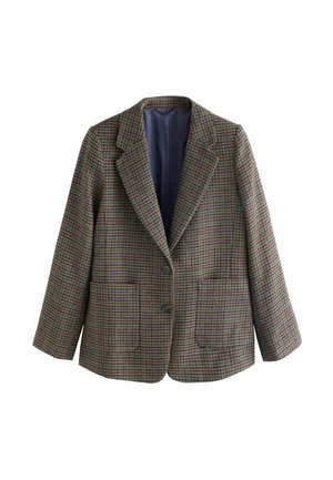 Braune Hahnentrittjacke mit Reverskragen, zwei Vorderaschen und zwei Knöpfen. Gefüttert mit einem blauen Stoff, verfügt über eine strukturierte Oberfläche.