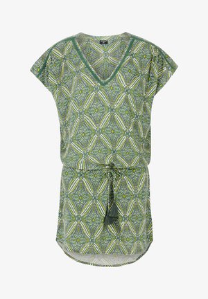 Groene tuniek met een V-hals en korte mouwen, voorzien van een geometrisch patroon in het wit en geel. Inclusief een vastgemaakte taille en een franje-detail.