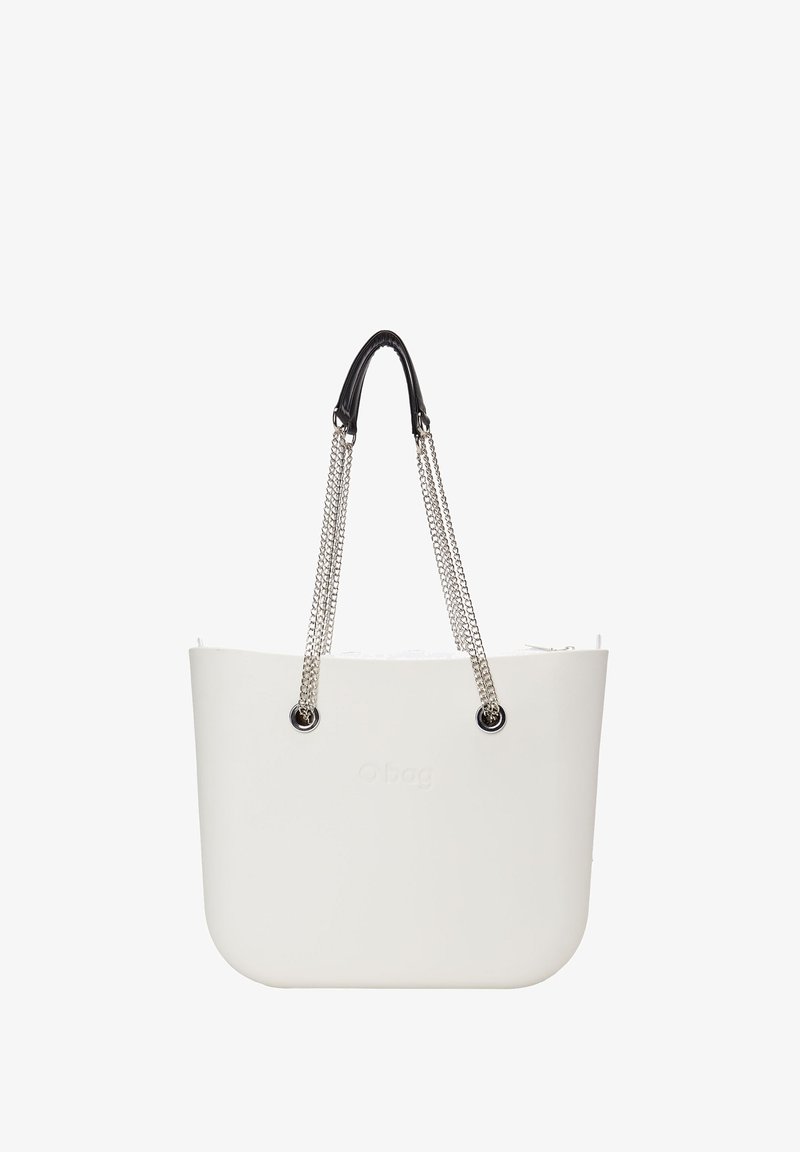 White synthetic tote bag with a smooth texture, black leather handle, and silver chain accents. Features round attachment grommets.