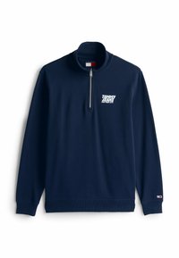 Navyblauwe half-zip sweatshirt van een katoenmix, met een wit logo op de borst, ribgebreide manchetten en accenten aan de zoom.