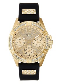 Montre Guess ton or avec accents en cristal, bracelet noir, trois sous-cadrans et détails rectangulaires sertis de cristaux aux extrémités du bracelet.