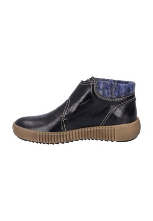 Black leather ankle boot with a textured blue wool collar, featuring a rubber sole with a ridged pattern and contrasting stitching details.