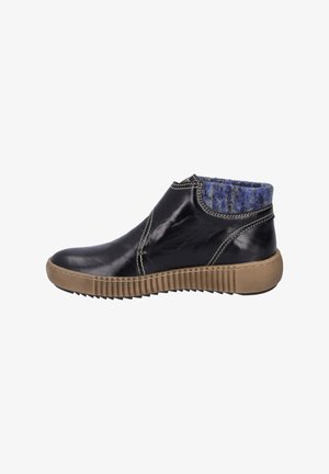 Black leather ankle boot with a textured blue wool collar, featuring a rubber sole with a ridged pattern and contrasting stitching details.