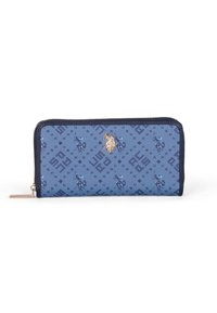 Blue patterned wallet with a zip closure, featuring a dark blue trim and a gold logo accent. Textured fabric with a geometric design.