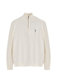 Maglione zip-up bianco realizzato in un morbido tessuto testurizzato. Presenta maniche lunghe e un accento nero con il logo sul petto.