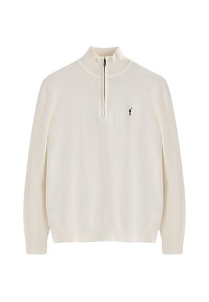 Suéter blanco de cremallera hecho de una tela suave y texturizada. Presenta mangas largas y un acento de logo negro en el pecho.