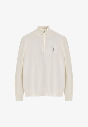 Witte ritssluitingtrui gemaakt van een zachte, gestructureerde stof. Beschikt over lange mouwen en een zwart logo-accent op de borst.