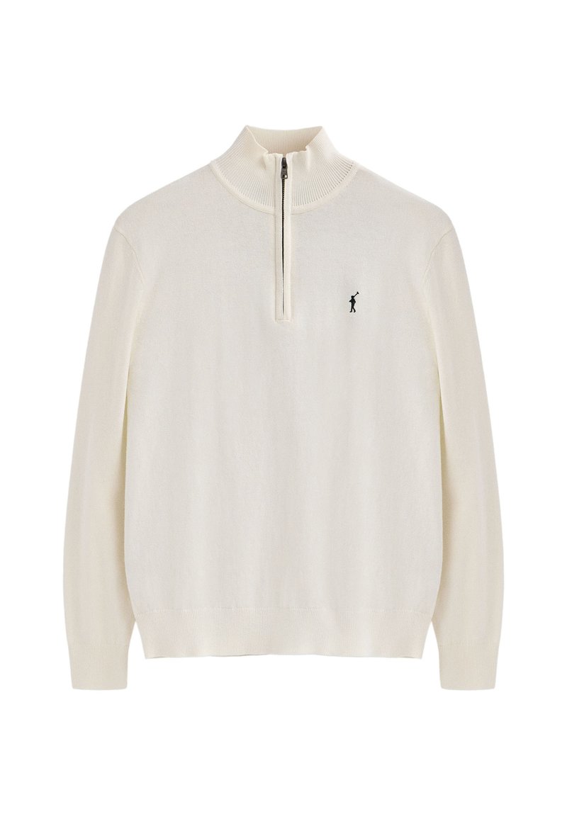 Maglione zip-up bianco realizzato in un morbido tessuto testurizzato. Presenta maniche lunghe e un accento nero con il logo sul petto.